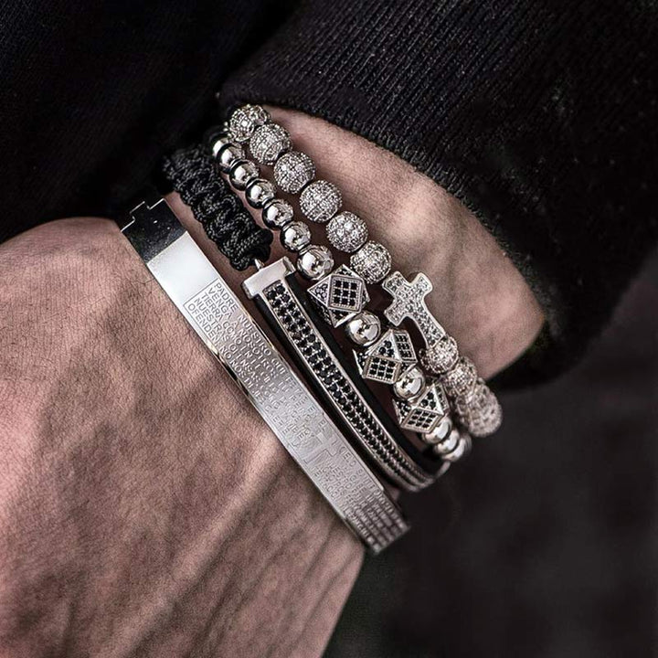 Silber Jesus Kreuz Armband Set Herren Wurfel