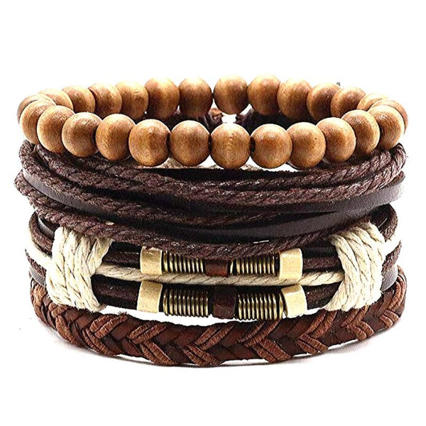 Stapelbares Armbandset Tibetstyle RUSTIK aus Leder Holzperlen und Stoff in Braun