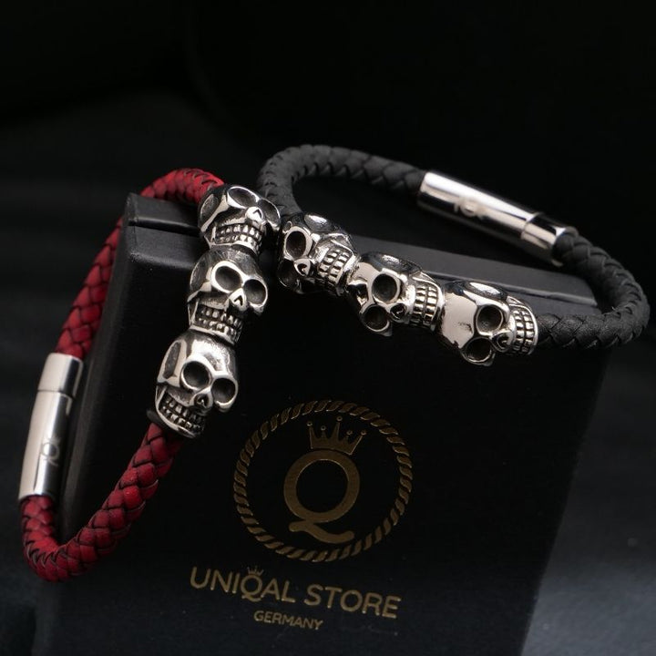 Totenkopf-Armband-Herren-Unisex-Bikerarmband-Skull-Leder-Armreif
