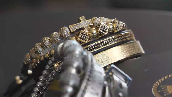  Royal Armbandset Herren vergoldet Zirkonia-Kupferkugel handgestricktes geflochtenes Seil