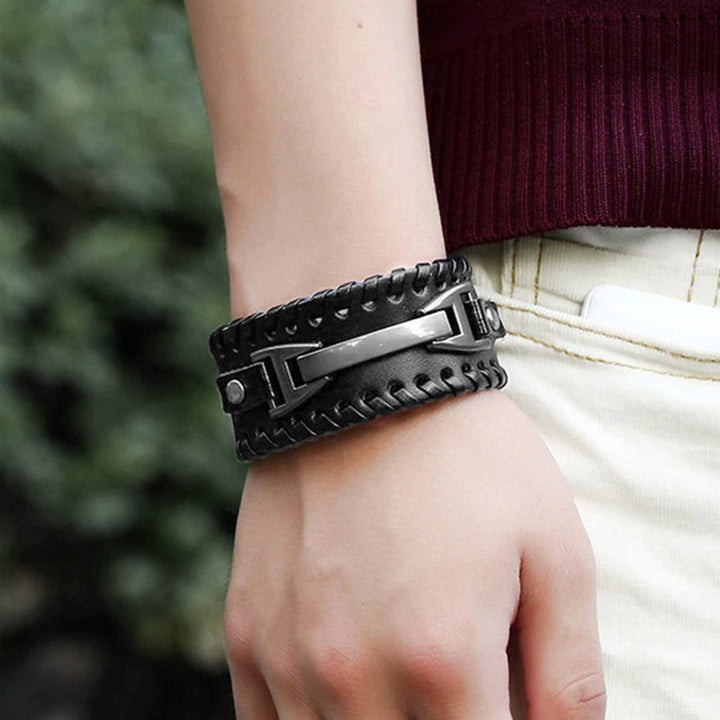 schwarzes rohleder armband herren manschette breitarmband uniqal sale